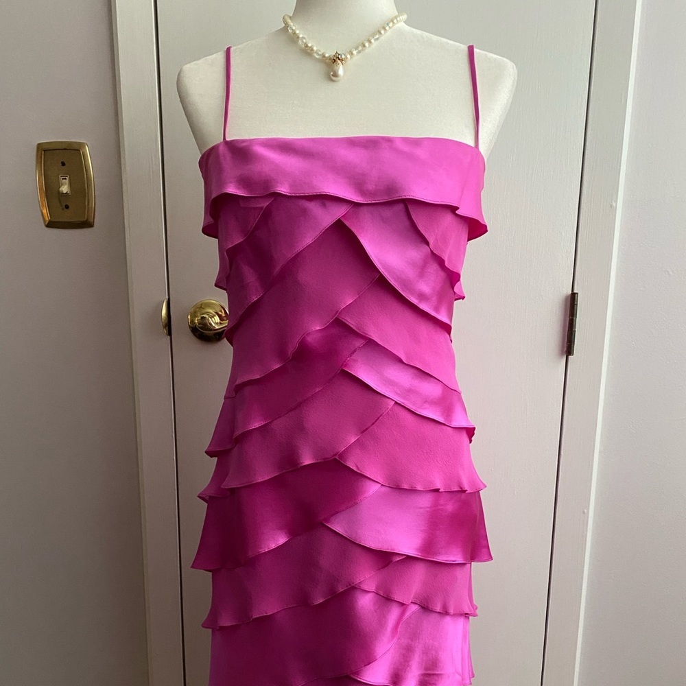 Tadashi Hot Pink Hi-Lo Ruffled Tiered Dress w/ Spagetti Straps. Size 12.